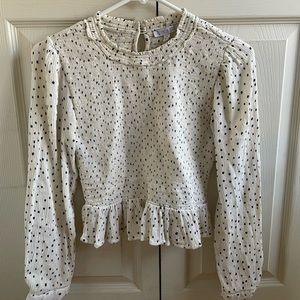 Patrons of peace long sleeve peplum smocked cream and navy polka dot blouse